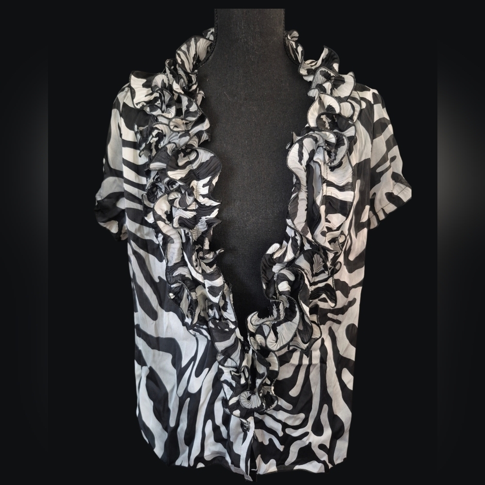 Dressbarn Black, White & Gray Zebra Print Ruffle V-Neck Button Blouse Size Large